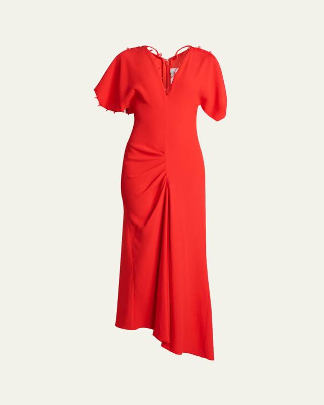 Short-Sleeve Draped Asymmetric Midi Dress